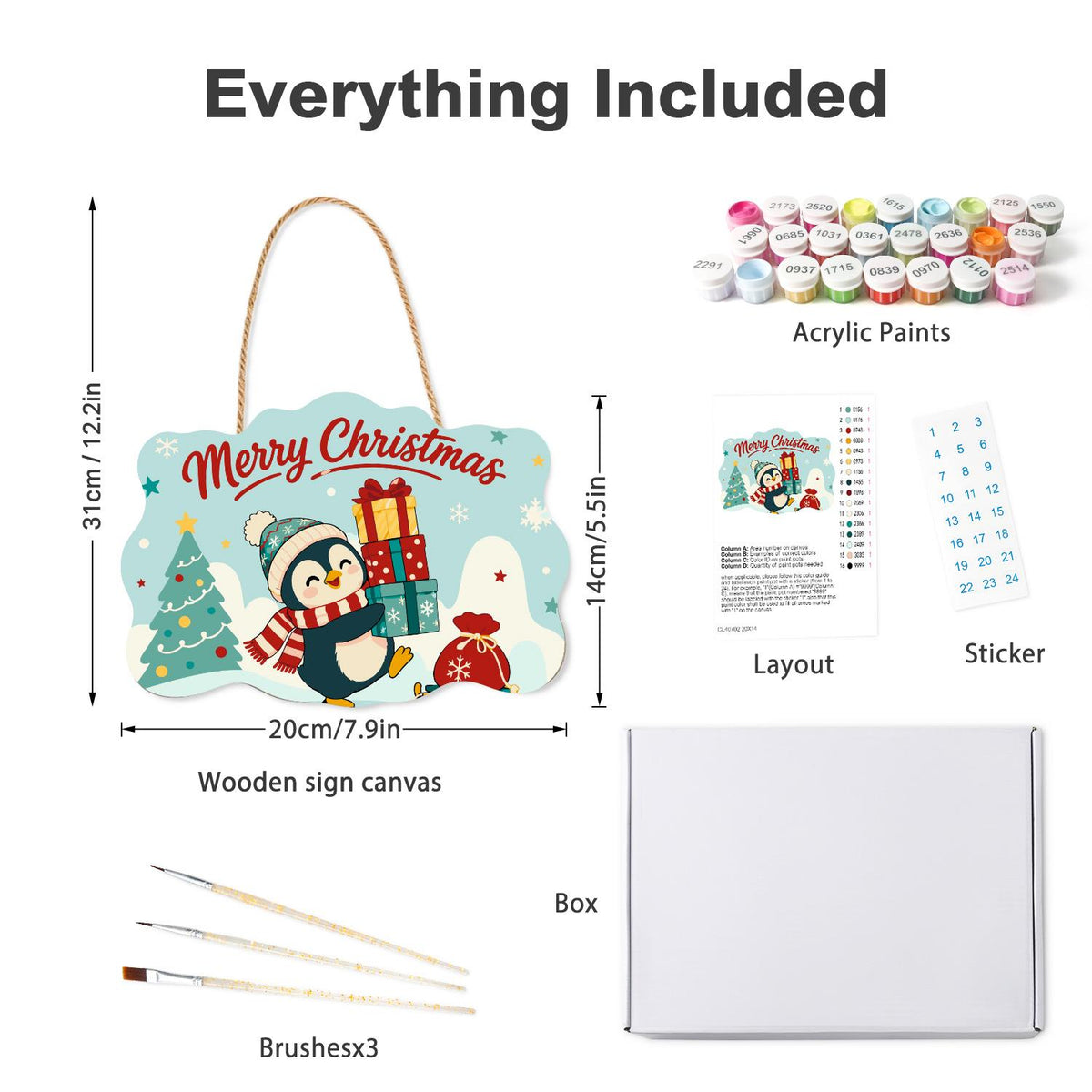 Bobble Hat Penguin Gift Tower paint by numbers hanging sign – what's in the kit: the wooden sign, rope hanger, numbered paints and brushes