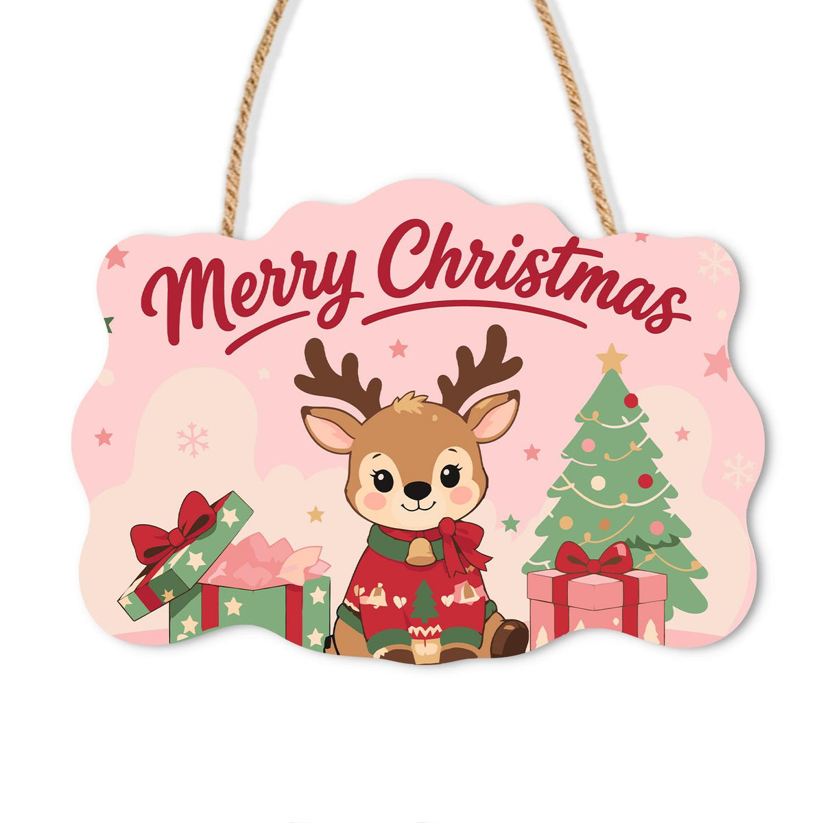 Baby Reindeer in a Red Sweater paint by numbers hanging sign – Young reindeer in a red sweater sitting with gifts beside a Christmas tree on a pink background, on a wooden sign with a rope hanger