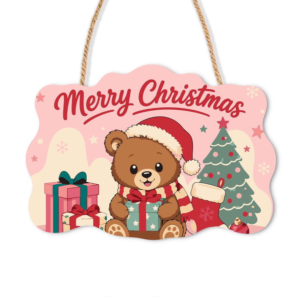 Pastel Pink Teddy with a Gift paint by numbers hanging sign – Teddy bear in a Santa hat and scarf holding a gift beside a Christmas tree on a pastel pink background, on a wooden sign with a rope hanger