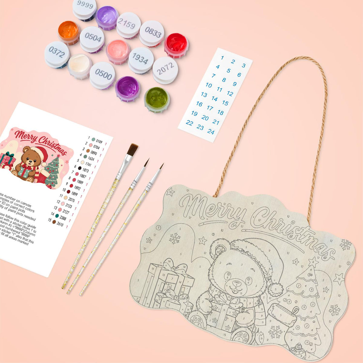 Pastel Pink Teddy with a Gift paint by numbers hanging sign – image 3
