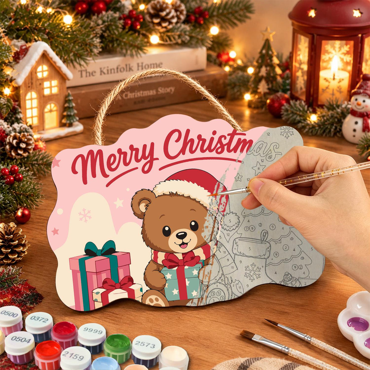 Pastel Pink Teddy with a Gift paint by numbers hanging sign – image 7