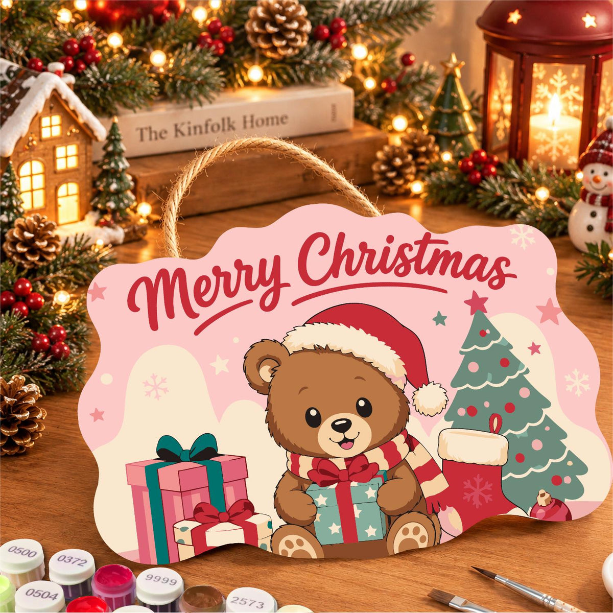 Pastel Pink Teddy with a Gift paint by numbers hanging sign – image 8