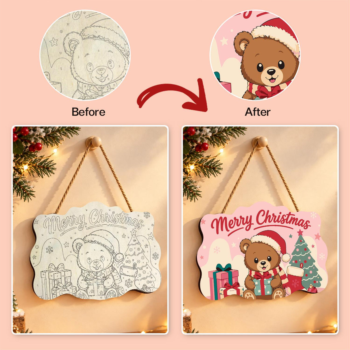 Pastel Pink Teddy with a Gift paint by numbers hanging sign – image 10