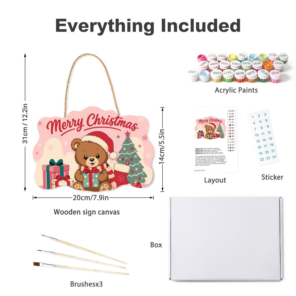 Pastel Pink Teddy with a Gift paint by numbers hanging sign – what's in the kit: the wooden sign, rope hanger, numbered paints and brushes