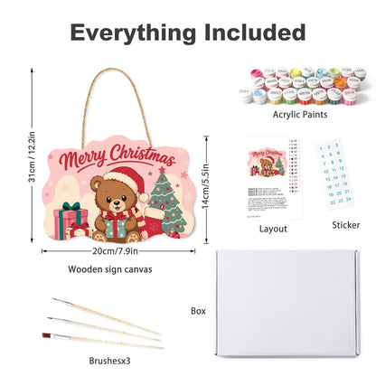 Pastel Pink Teddy with a Gift paint by numbers hanging sign – what's in the kit: the wooden sign, rope hanger, numbered paints and brushes