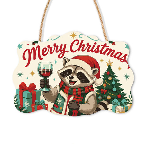 Red Wine Raccoon Christmas paint by numbers hanging sign – Raccoon in a Santa hat and scarf raising a glass of red wine beside a Christmas tree and gifts, on a wooden sign with a rope hanger