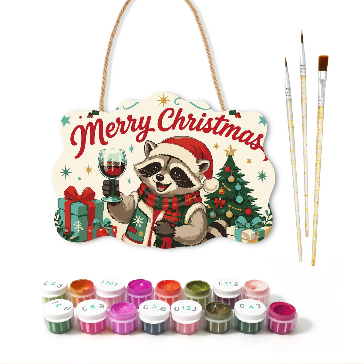 Red Wine Raccoon Christmas paint by numbers hanging sign – image 2