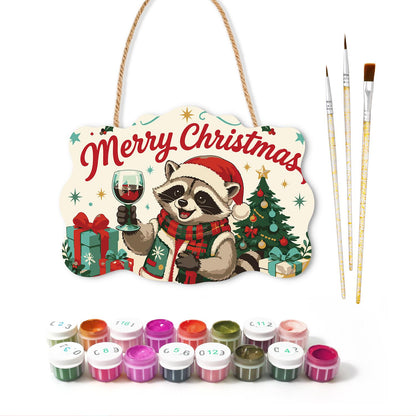 Red Wine Raccoon Christmas paint by numbers hanging sign – image 2
