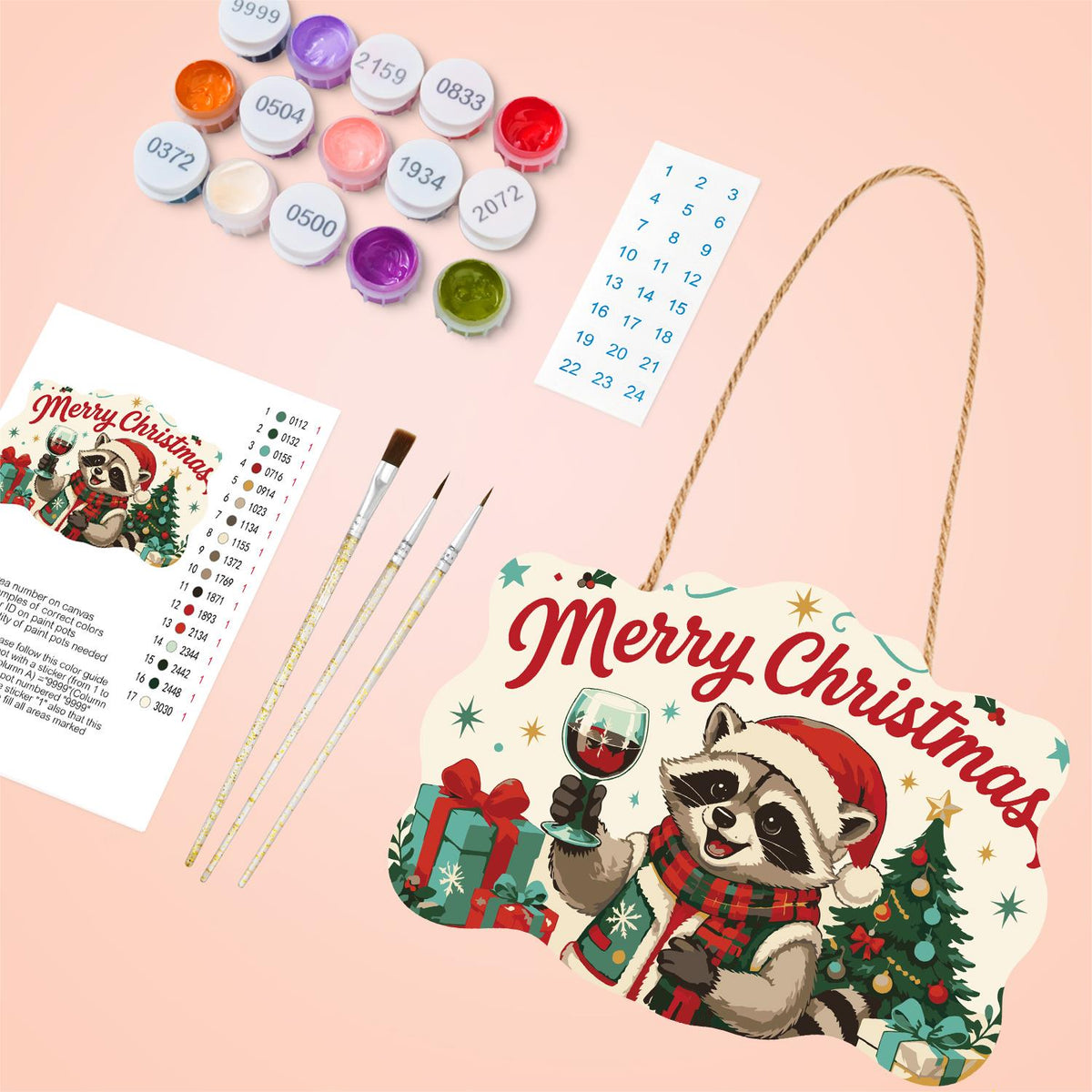 Red Wine Raccoon Christmas paint by numbers hanging sign – image 4