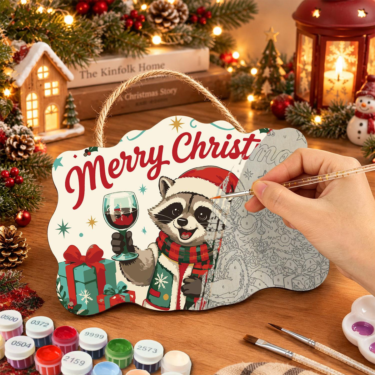 Red Wine Raccoon Christmas paint by numbers hanging sign – image 7