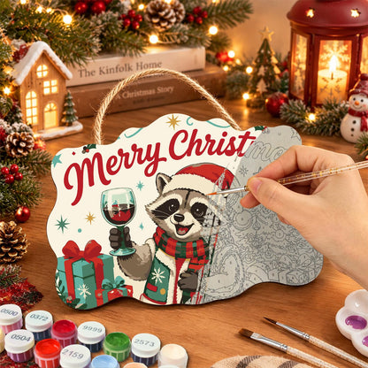 Red Wine Raccoon Christmas paint by numbers hanging sign – image 7