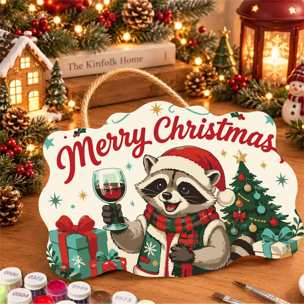 Red Wine Raccoon Christmas paint by numbers hanging sign – image 8