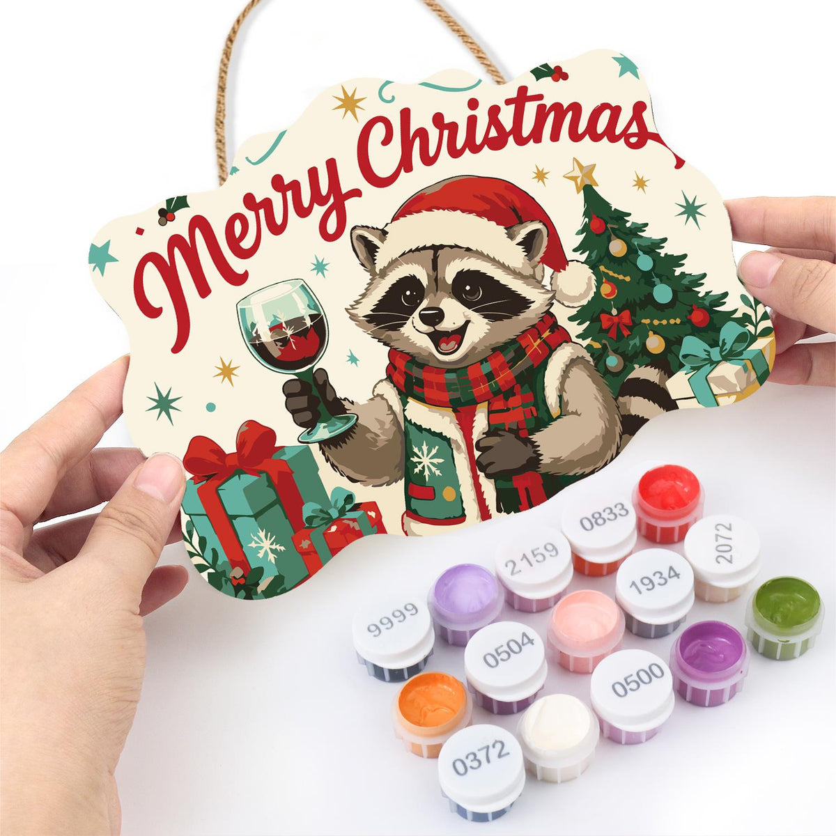 Red Wine Raccoon Christmas paint by numbers hanging sign – image 9