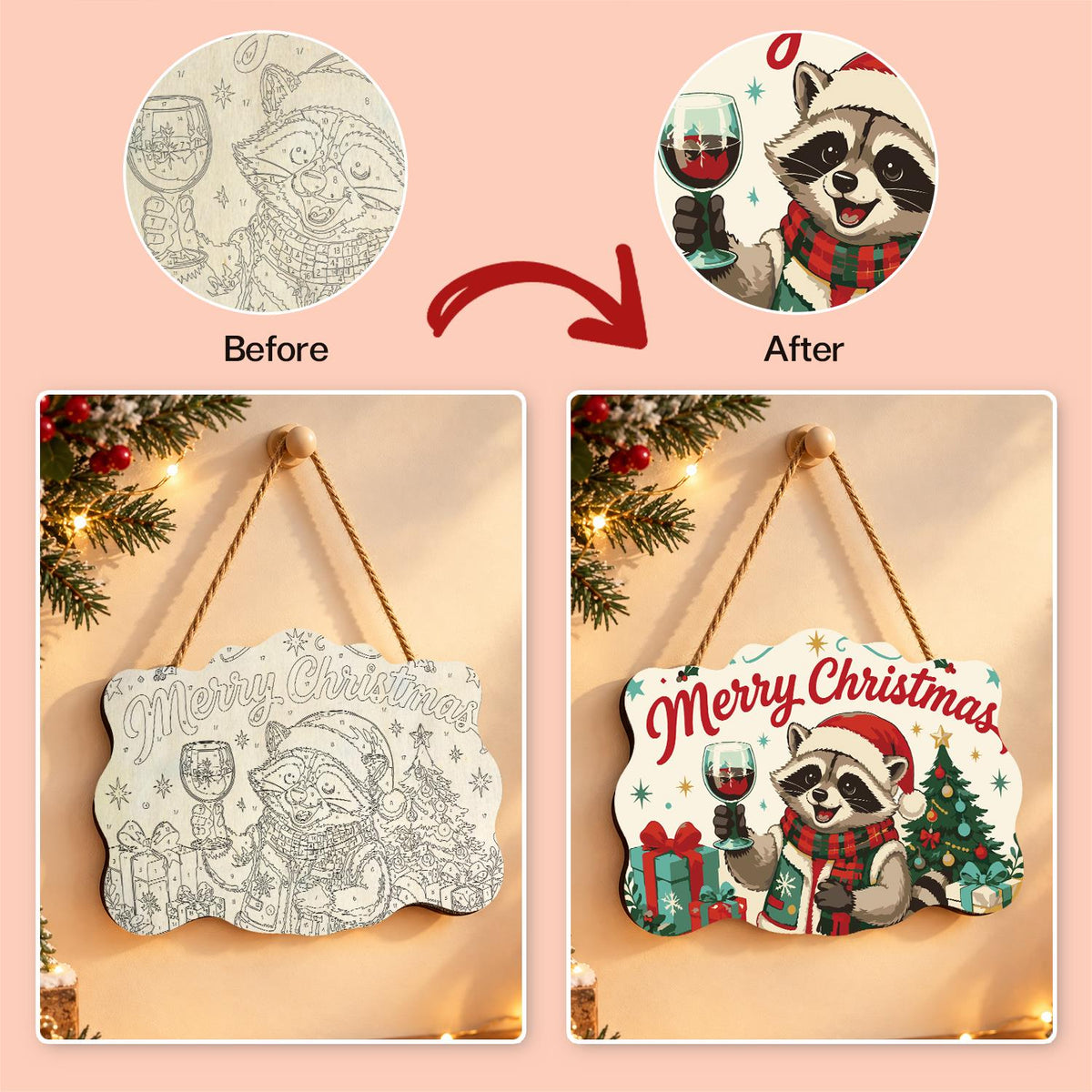 Red Wine Raccoon Christmas paint by numbers hanging sign – image 10