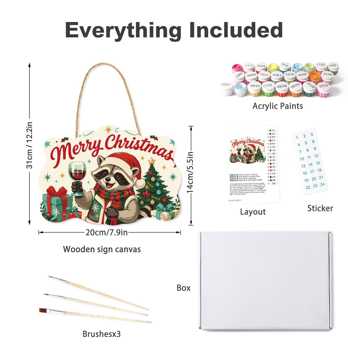 Red Wine Raccoon Christmas paint by numbers hanging sign – what's in the kit: the wooden sign, rope hanger, numbered paints and brushes