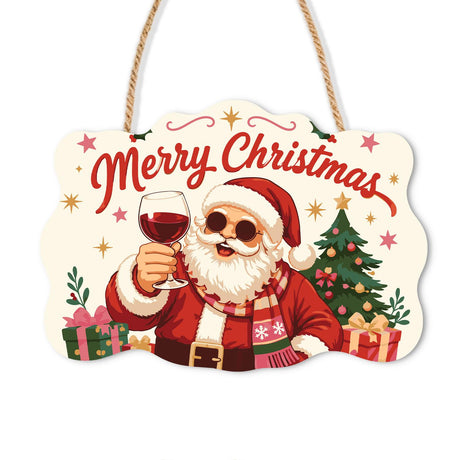 Santa Raising Holiday Merlot paint by numbers hanging sign – Smiling Santa in round dark glasses raising a glass of red wine beside a Christmas tree and presents, on a wooden sign with a rope hanger