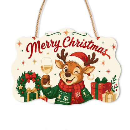 Winking Reindeer White Wine Toast paint by numbers hanging sign – Winking reindeer in a Santa hat and green sweater raising a glass of white wine beside a wreath and gifts, on a wooden sign with a rope hanger