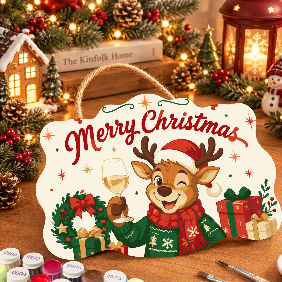 Winking Reindeer White Wine Toast paint by numbers hanging sign – image 8