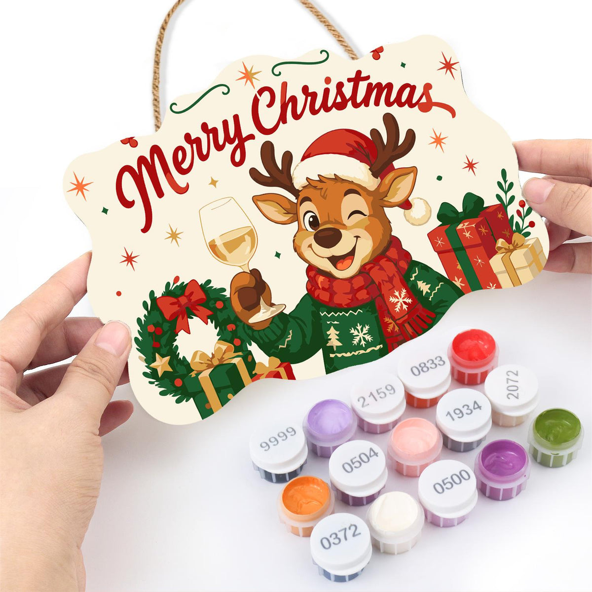 Winking Reindeer White Wine Toast paint by numbers hanging sign – image 9