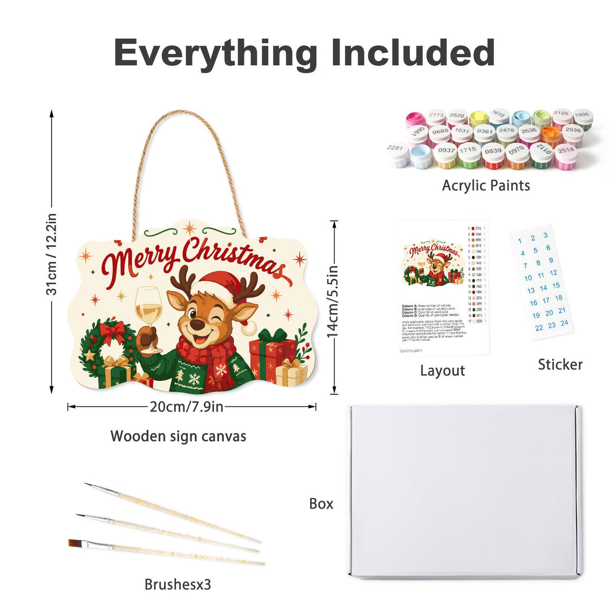 Winking Reindeer White Wine Toast paint by numbers hanging sign – what's in the kit: the wooden sign, rope hanger, numbered paints and brushes
