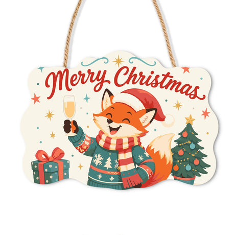 Fox in a Sweater with Bubbly paint by numbers hanging sign – Laughing fox in a Santa hat and patterned green sweater raising a champagne flute beside a Christmas tree, on a wooden sign with a rope hanger