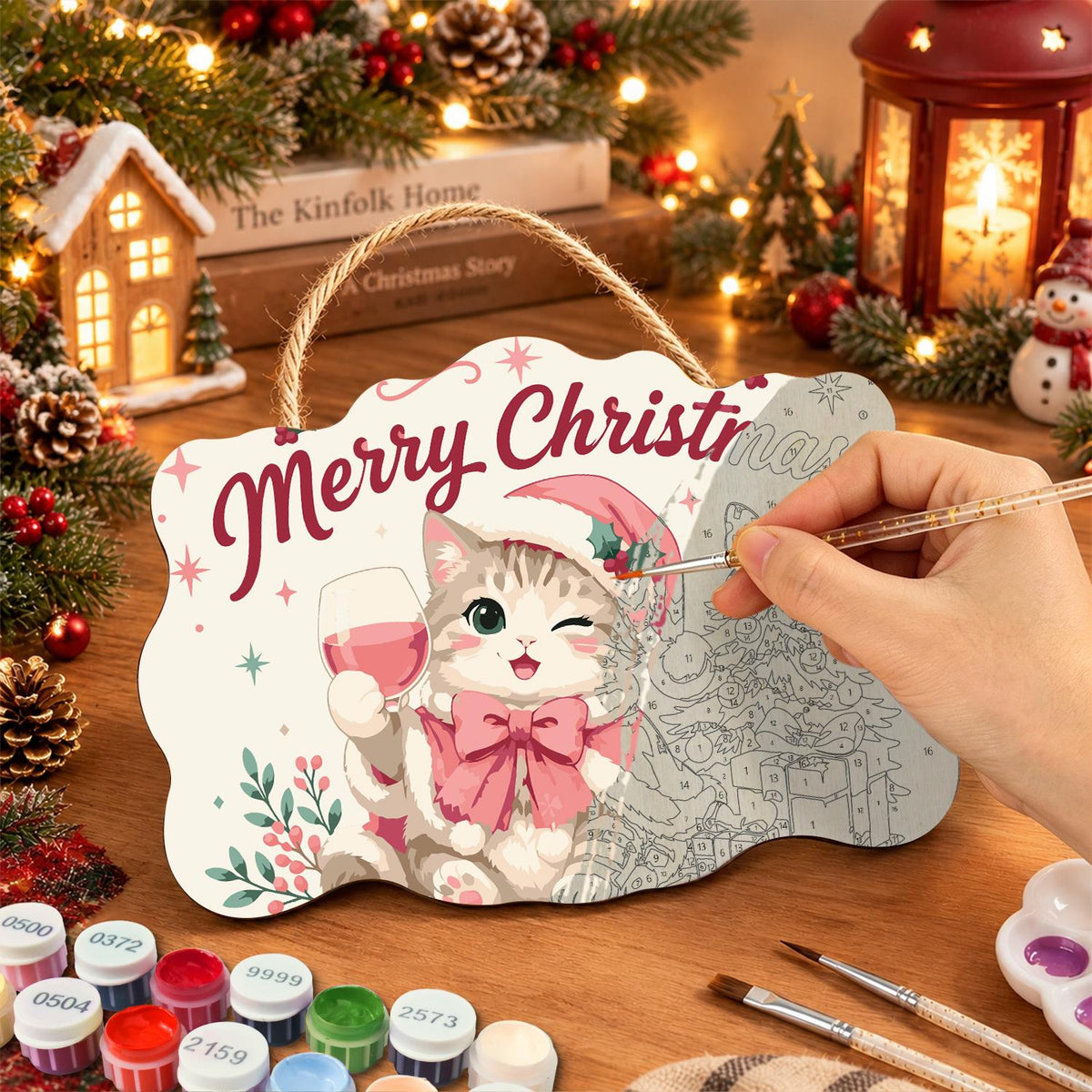 Winking Tabby Pink Wine Toast paint by numbers hanging sign – image 7