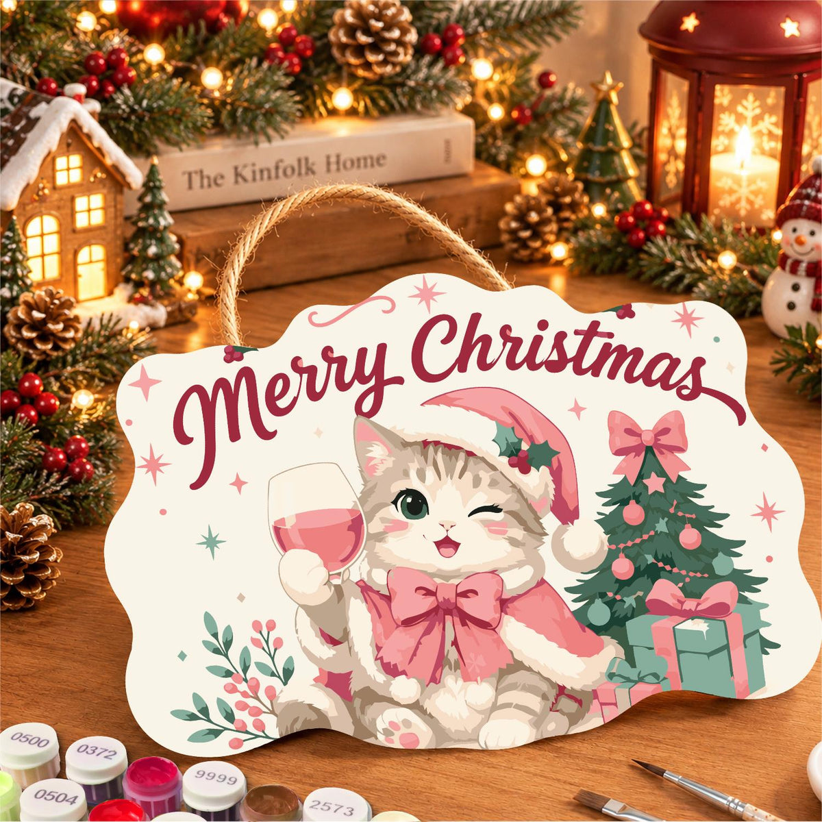 Winking Tabby Pink Wine Toast paint by numbers hanging sign – image 8