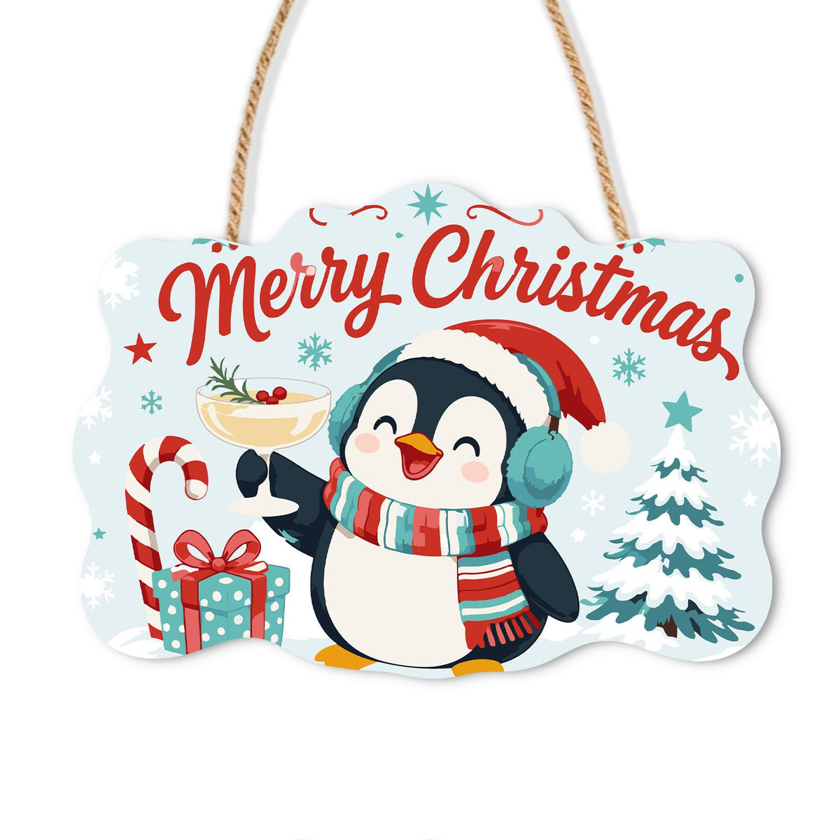 Earmuff Penguin Cocktail Cheers paint by numbers hanging sign – Penguin in a Santa hat, earmuffs and striped scarf raising a cocktail beside a candy cane and snowy tree, on a wooden sign with a rope hanger