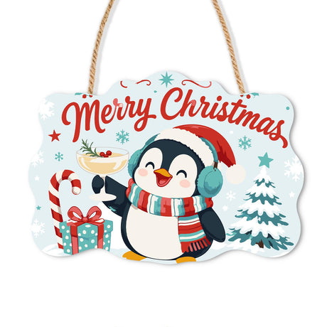 Earmuff Penguin Cocktail Cheers paint by numbers hanging sign – Penguin in a Santa hat, earmuffs and striped scarf raising a cocktail beside a candy cane and snowy tree, on a wooden sign with a rope hanger