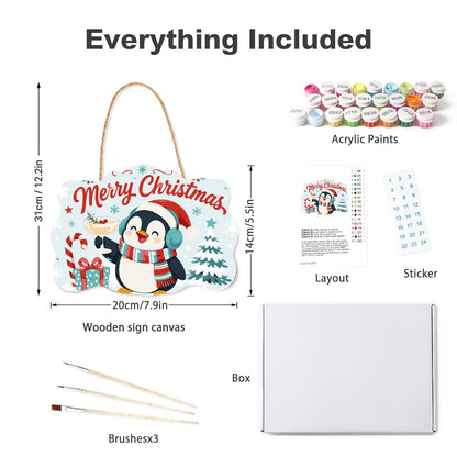 Earmuff Penguin Cocktail Cheers paint by numbers hanging sign – what's in the kit: the wooden sign, rope hanger, numbered paints and brushes