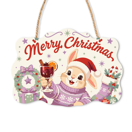 Bunny's Spiced Orange Toast paint by numbers hanging sign – Bunny in a Santa hat and lilac sweater holding mulled wine with an orange slice and cinnamon stick, on a wooden sign with a rope hanger