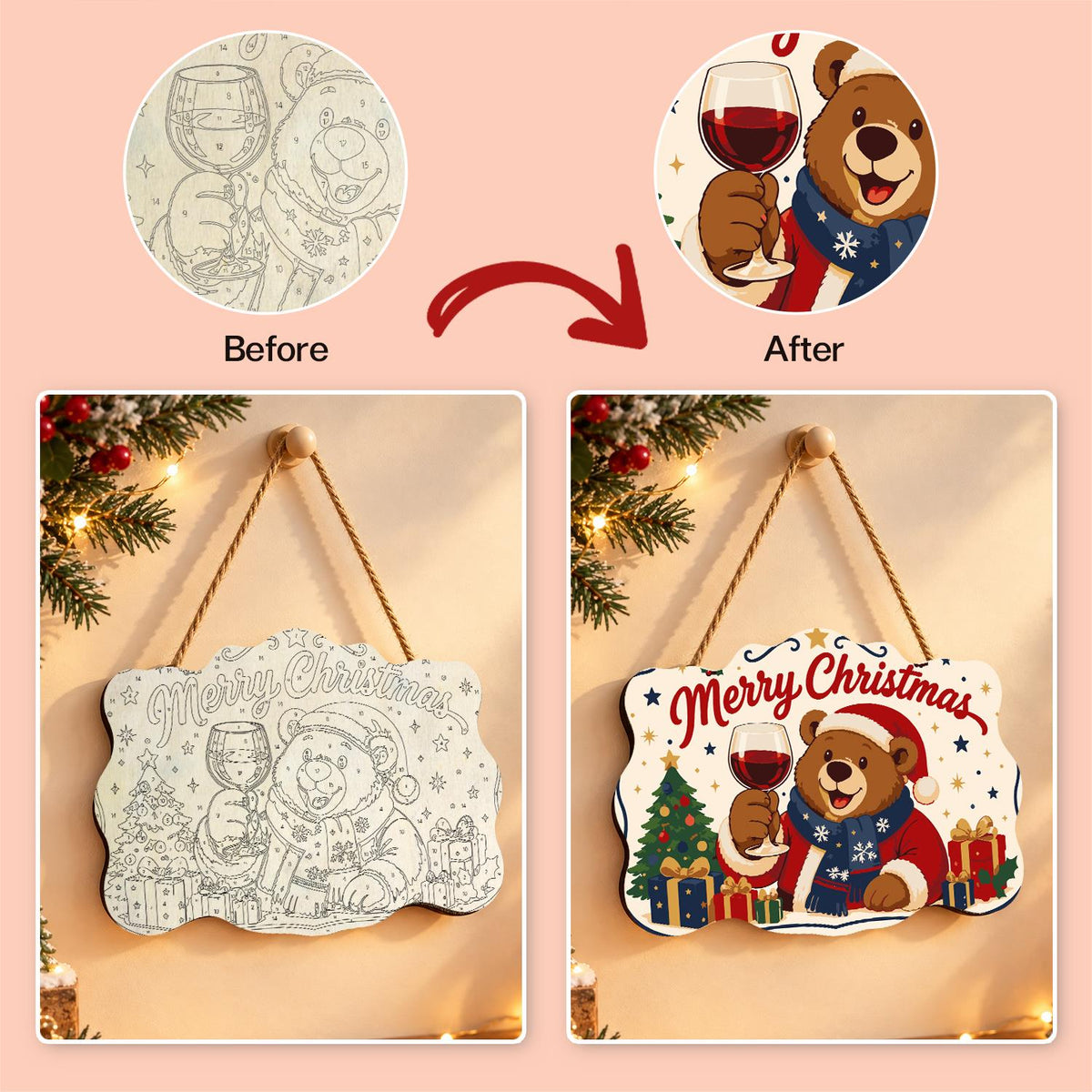Bear's Red Wine Christmas Toast paint by numbers hanging sign – image 10