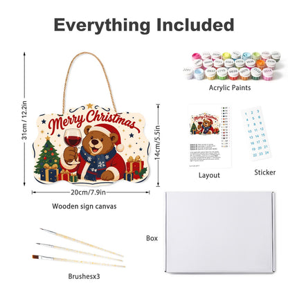Bear's Red Wine Christmas Toast paint by numbers hanging sign – what's in the kit: the wooden sign, rope hanger, numbered paints and brushes