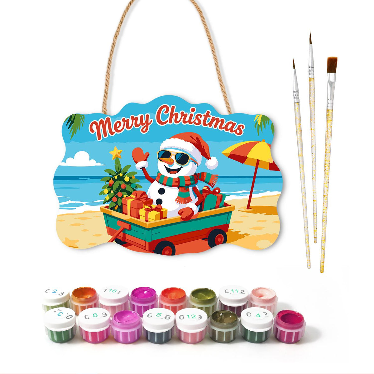 Snowman's Gift Wagon Beach Trip paint by numbers hanging sign – image 2