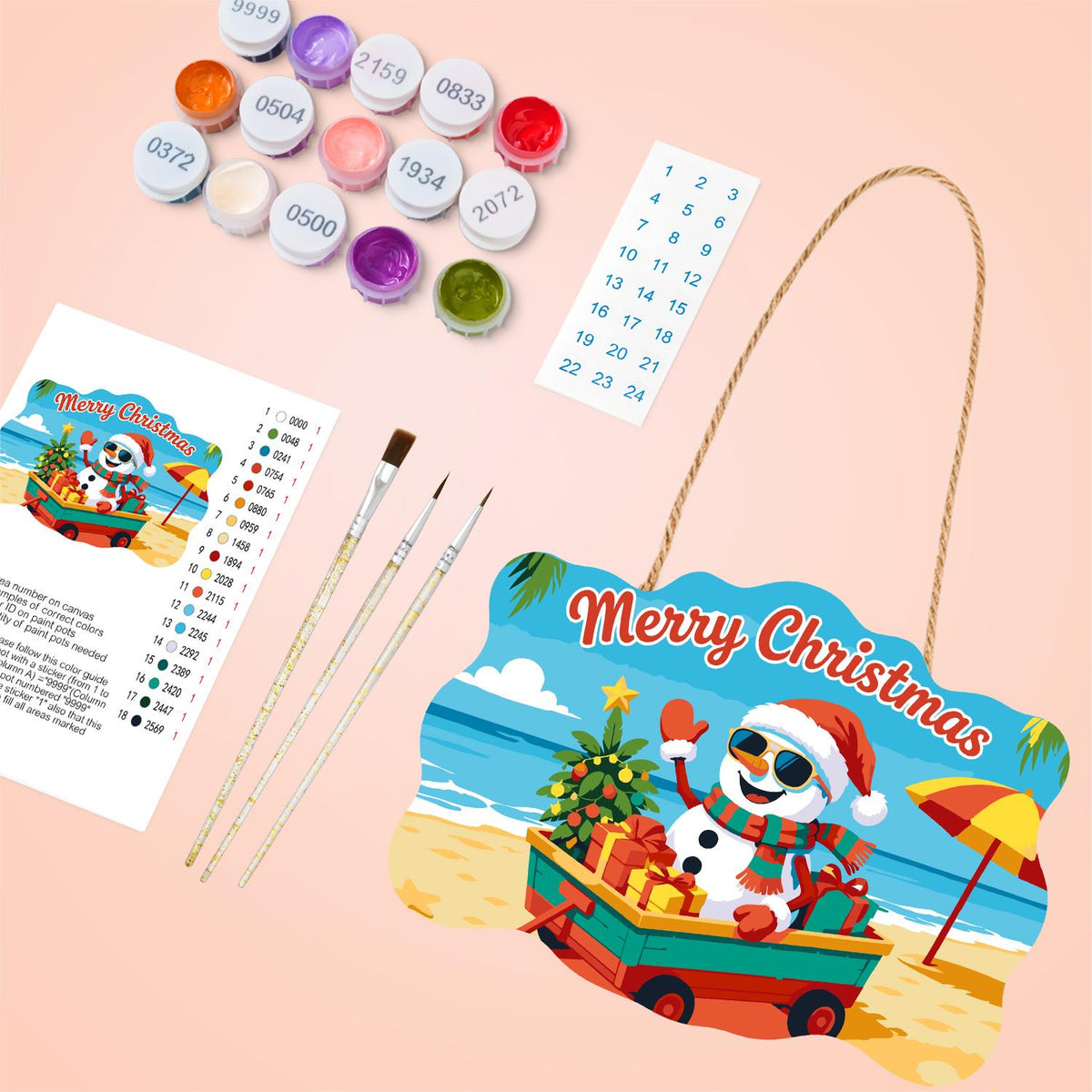 Snowman's Gift Wagon Beach Trip paint by numbers hanging sign – image 4
