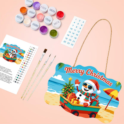 Snowman's Gift Wagon Beach Trip paint by numbers hanging sign – image 4
