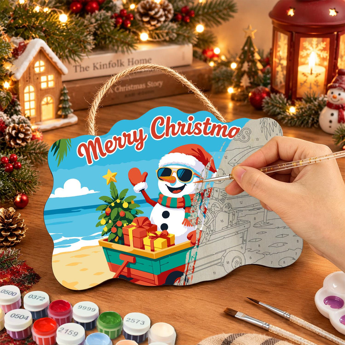 Snowman's Gift Wagon Beach Trip paint by numbers hanging sign – image 7