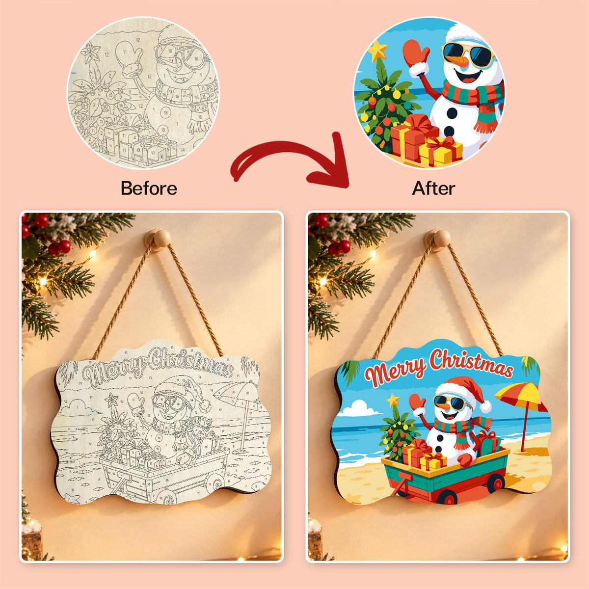 Snowman's Gift Wagon Beach Trip paint by numbers hanging sign – image 10