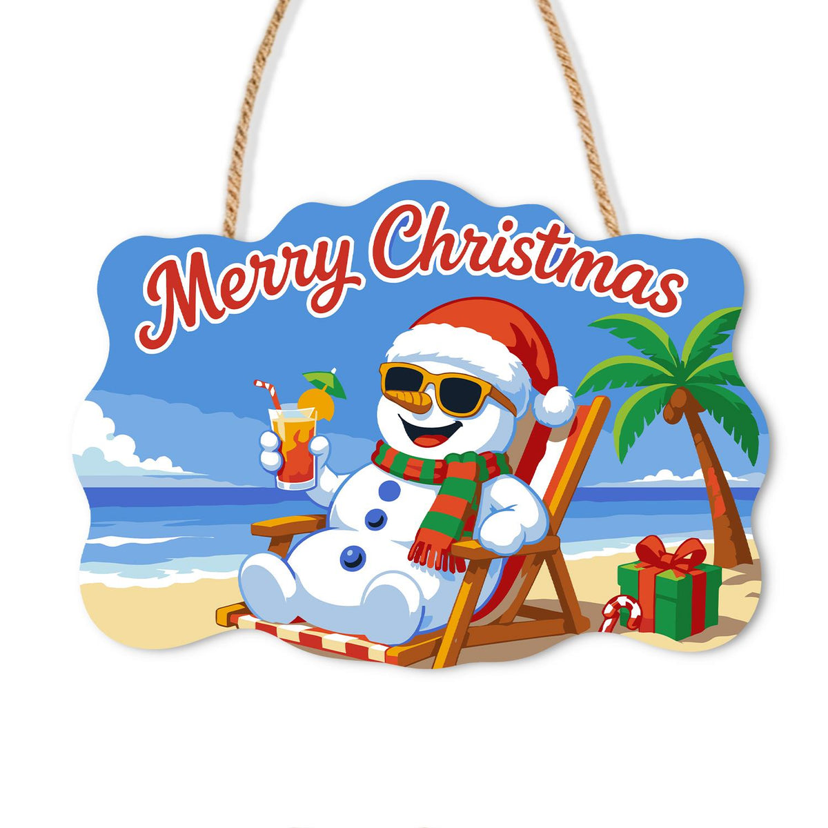 Snowman's Tropical Cocktail Break paint by numbers hanging sign – Snowman in a Santa hat and sunglasses lounging in a beach chair with an orange tropical cocktail, on a wooden sign with a rope hanger