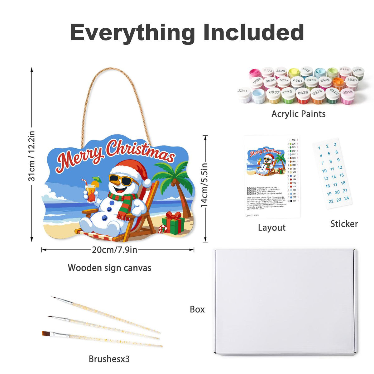Snowman's Tropical Cocktail Break paint by numbers hanging sign – what's in the kit: the wooden sign, rope hanger, numbered paints and brushes