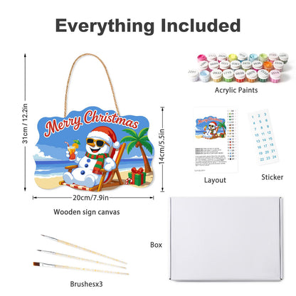 Snowman's Tropical Cocktail Break paint by numbers hanging sign – what's in the kit: the wooden sign, rope hanger, numbered paints and brushes