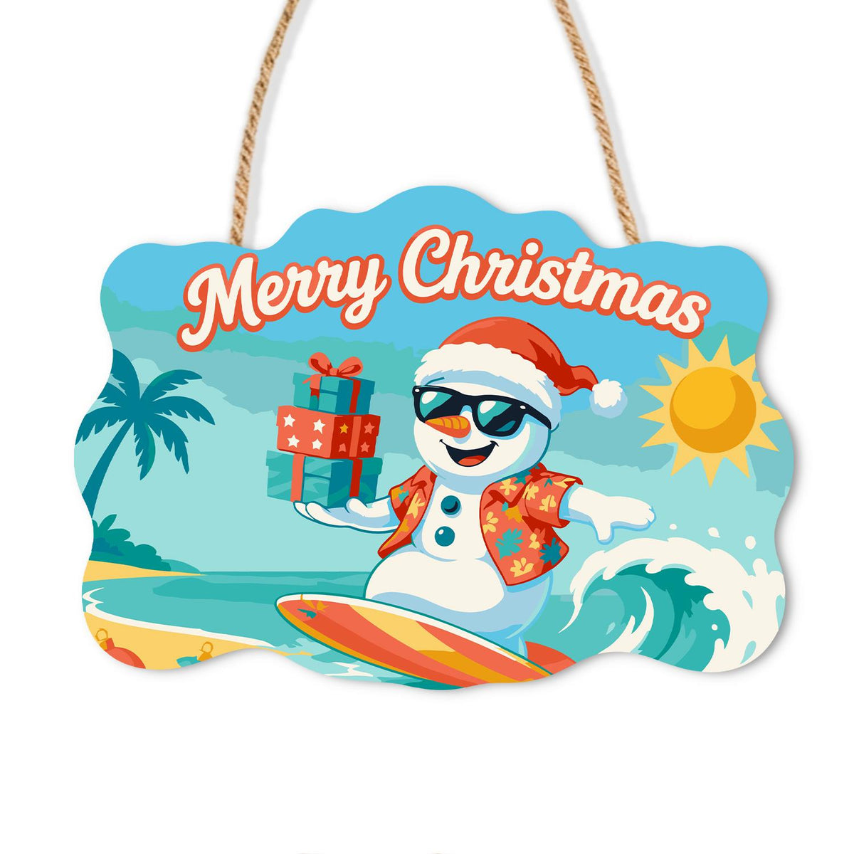 Wave-Riding Snowman Delivery paint by numbers hanging sign – Snowman in a Santa hat and sunglasses surfing a wave while balancing a stack of wrapped gifts, on a wooden sign with a rope hanger