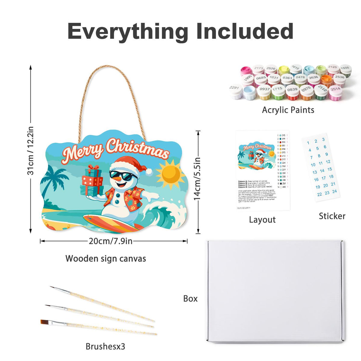 Wave-Riding Snowman Delivery paint by numbers hanging sign – what's in the kit: the wooden sign, rope hanger, numbered paints and brushes