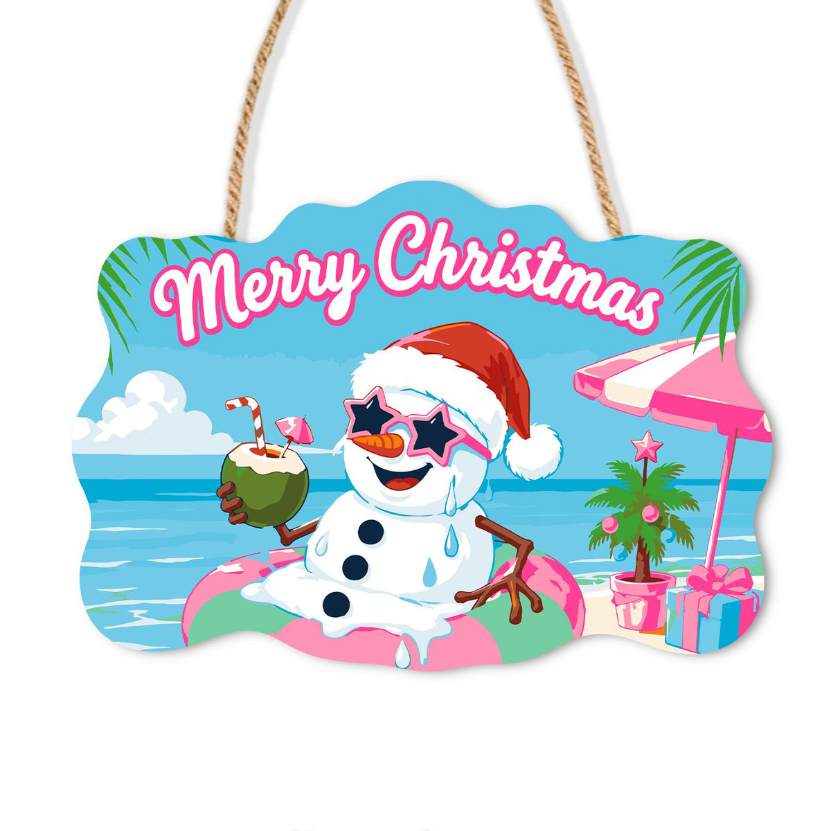 Snowman Floating with a Coconut paint by numbers hanging sign – Snowman in a Santa hat and star sunglasses sipping from a coconut in a pink float beside a beach umbrella, on a wooden sign with a rope hanger