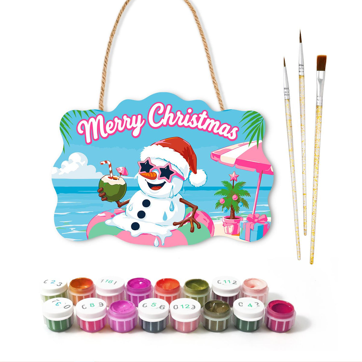 Snowman Floating with a Coconut paint by numbers hanging sign – image 2