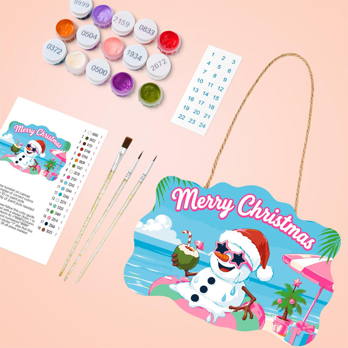 Snowman Floating with a Coconut paint by numbers hanging sign – image 4