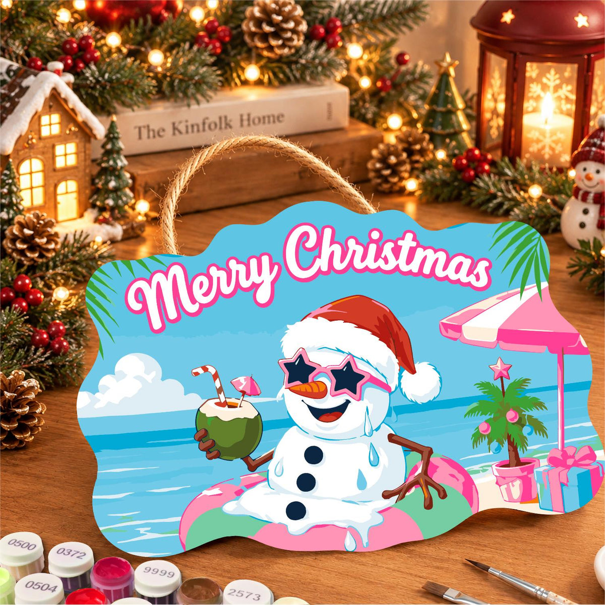 Snowman Floating with a Coconut paint by numbers hanging sign – image 8