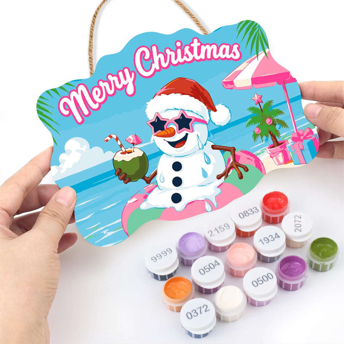 Snowman Floating with a Coconut paint by numbers hanging sign – image 9
