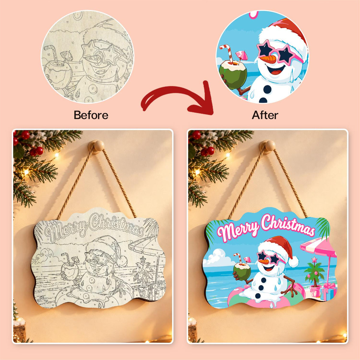 Snowman Floating with a Coconut paint by numbers hanging sign – image 10