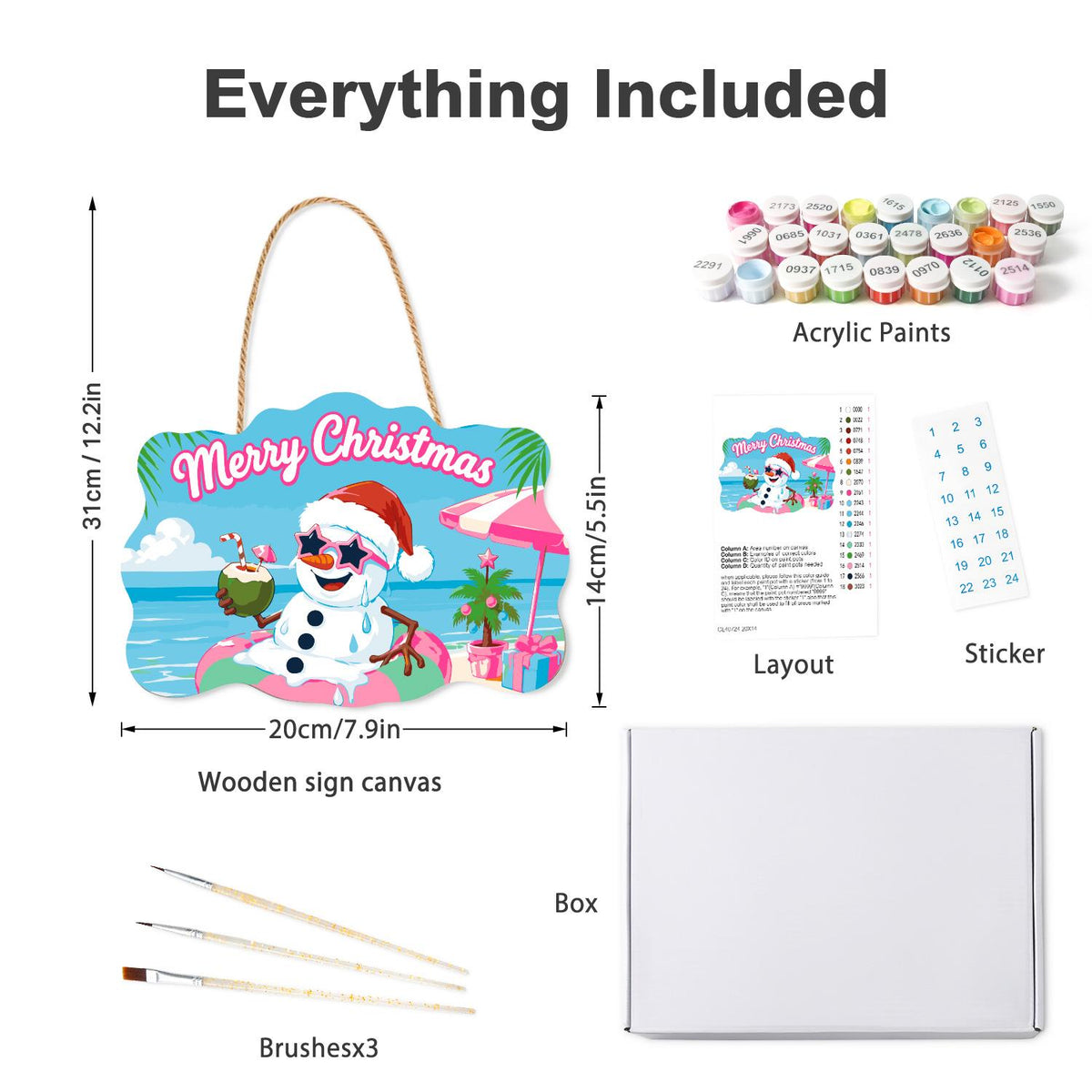 Snowman Floating with a Coconut paint by numbers hanging sign – what's in the kit: the wooden sign, rope hanger, numbered paints and brushes